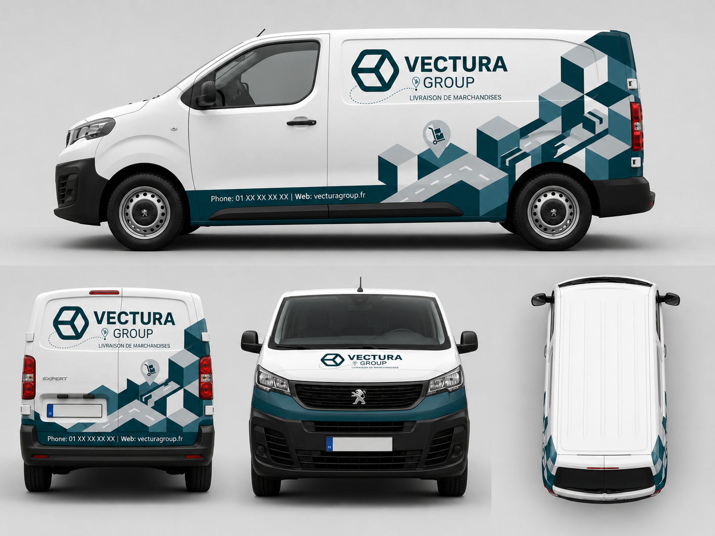 Habillage des véhicules utilitaires VECTURA GROUP : vues latérale, arrière, avant et de dessus
